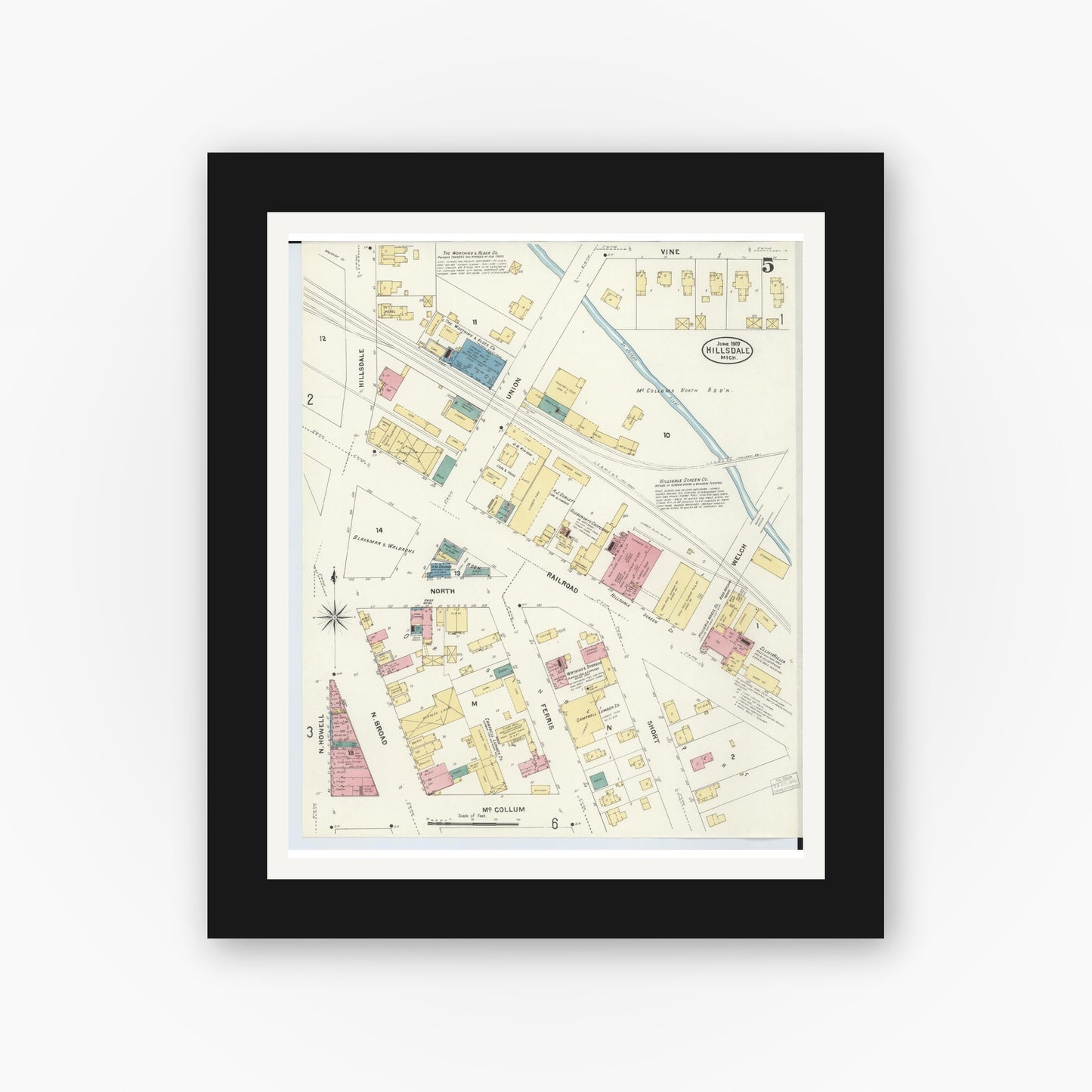 Old map wall art mockup — black gallery frame with white mat — Sanborn Fire Insurance Map from Hillsdale, Hillsdale County, Michigan (1907), Sheet #0005