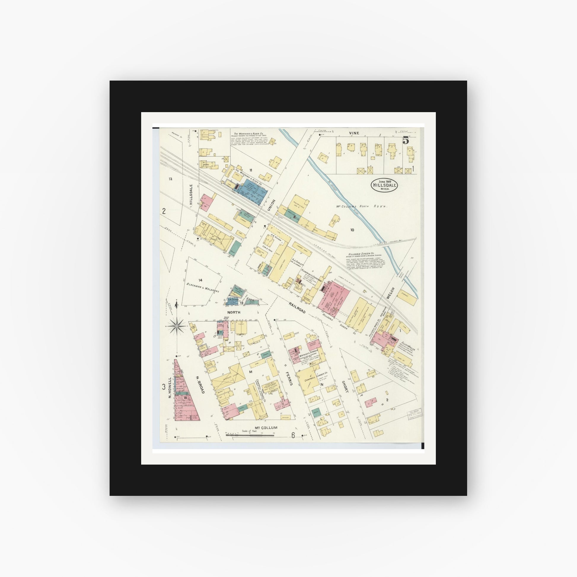 Old map wall art mockup — black gallery frame with white mat — Sanborn Fire Insurance Map from Hillsdale, Hillsdale County, Michigan (1907), Sheet #0005