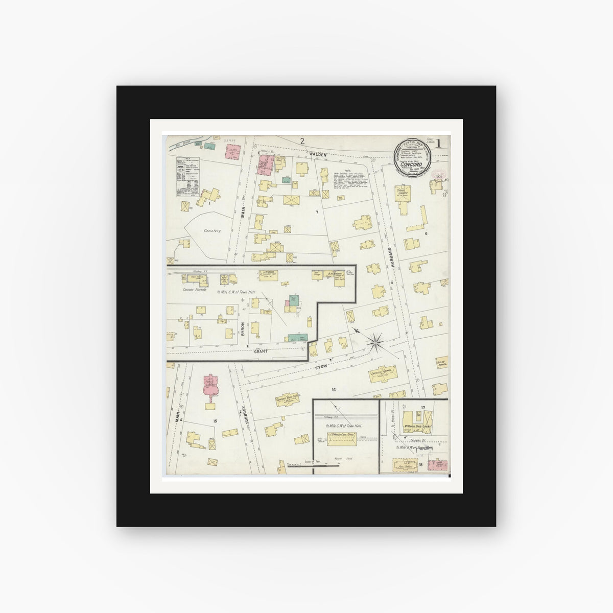 Old map wall art mockup — black gallery frame with white mat — Sanborn Fire Insurance Map from Concord, Middlesex County, Massachusetts (1897) - Complete Map Set