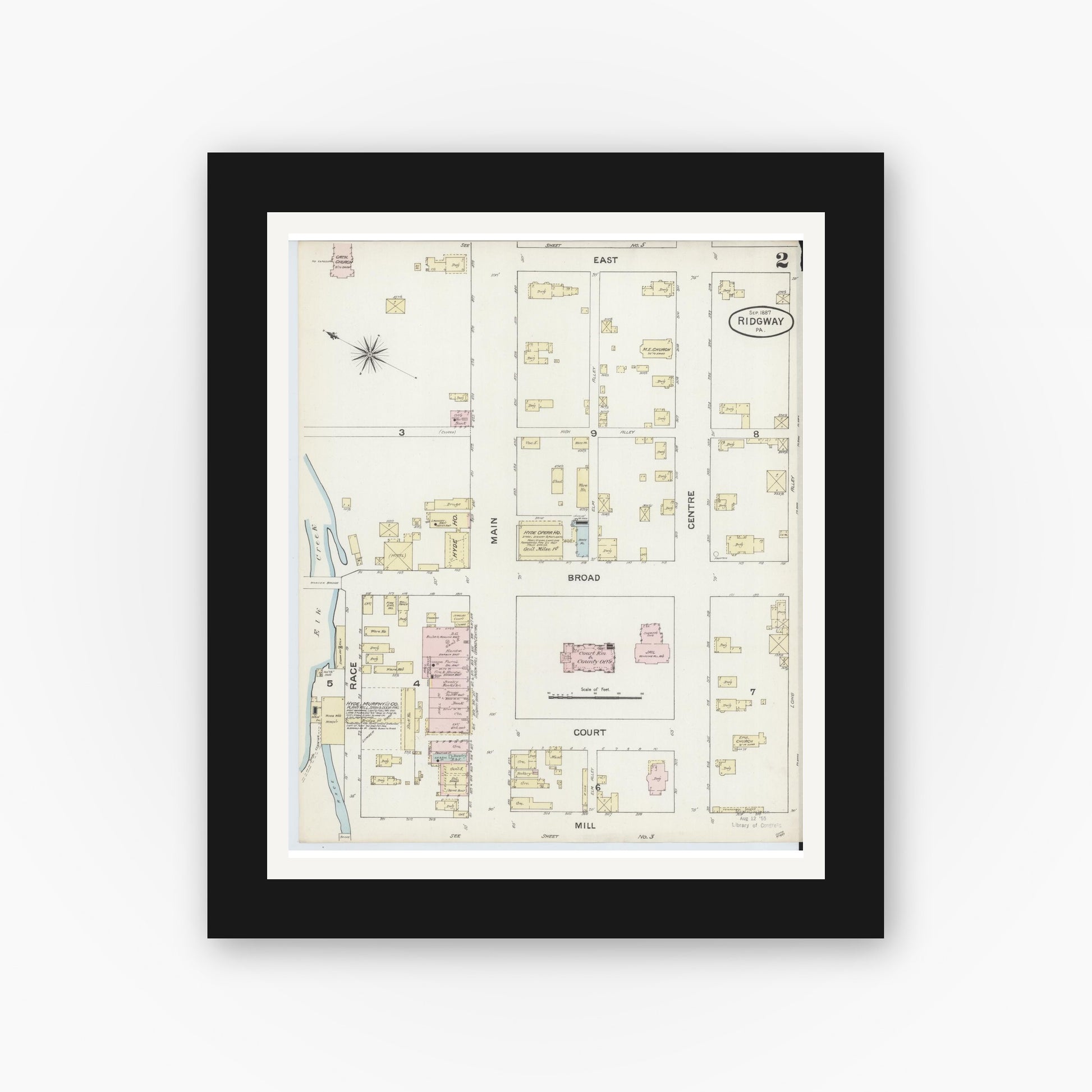 Old map wall art mockup — black gallery frame with white mat — Sanborn Fire Insurance Map from Ridgway, Elk County, Pennsylvania (1887), Sheet #0002