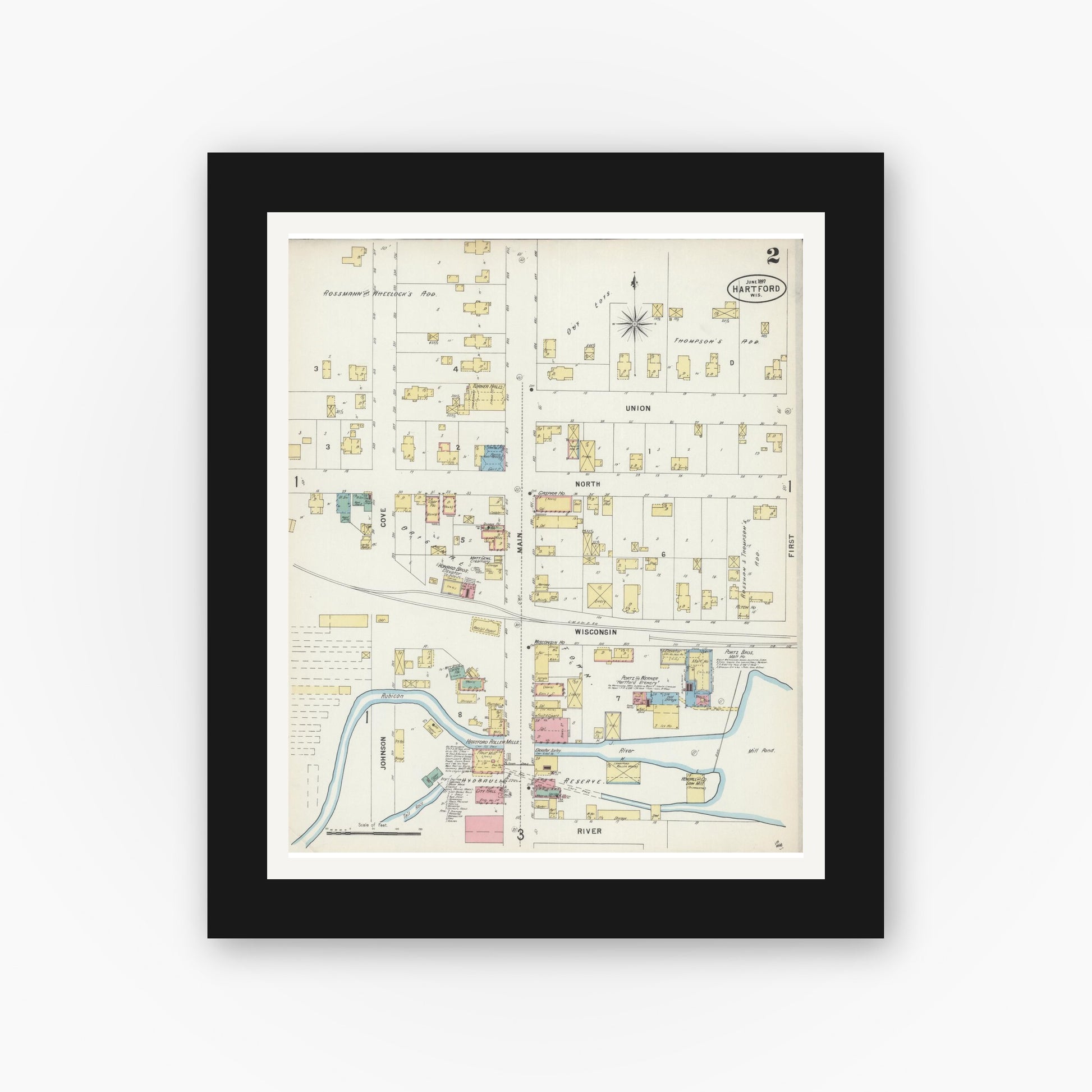Old map wall art mockup — black gallery frame with white mat — Sanborn Fire Insurance Map from Hartford, Washington County, Wisconsin (1897), Sheet #0002