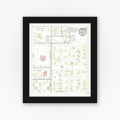 Old map wall art mockup — black gallery frame with white mat — Sanborn Fire Insurance Map from Hartley, O'Brien County, Iowa (1909), Sheet #0001