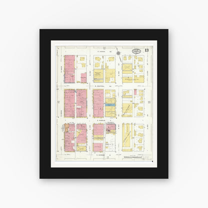 Old map wall art mockup — black gallery frame with white mat — Sanborn Fire Insurance Map from Temple, Bell County, Texas (1915), Sheet #0013