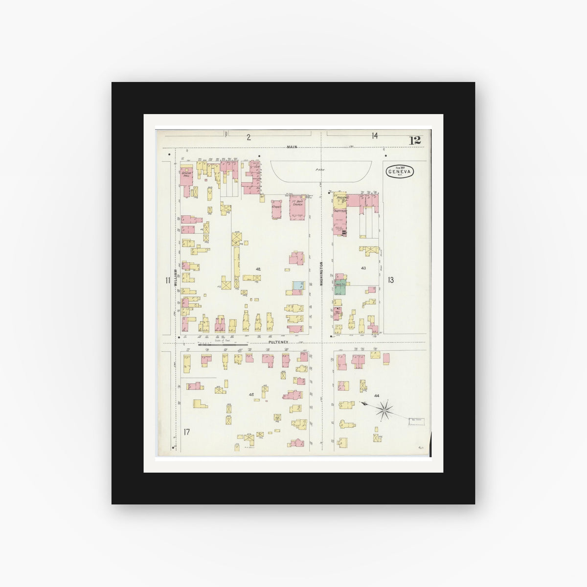 Old map wall art mockup — black gallery frame with white mat — Sanborn Fire Insurance Map from Geneva, Ontario County, New York (1897), Sheet #0012