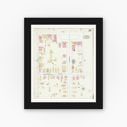 Old map wall art mockup — black gallery frame with white mat — Sanborn Fire Insurance Map from Geneva, Ontario County, New York (1897), Sheet #0012
