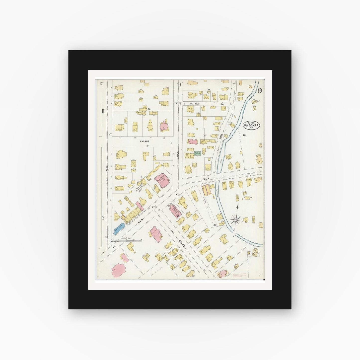 Old map wall art mockup — black gallery frame with white mat — Sanborn Fire Insurance Map from Oneonta, Otsego County, New York (1898), Sheet #0009