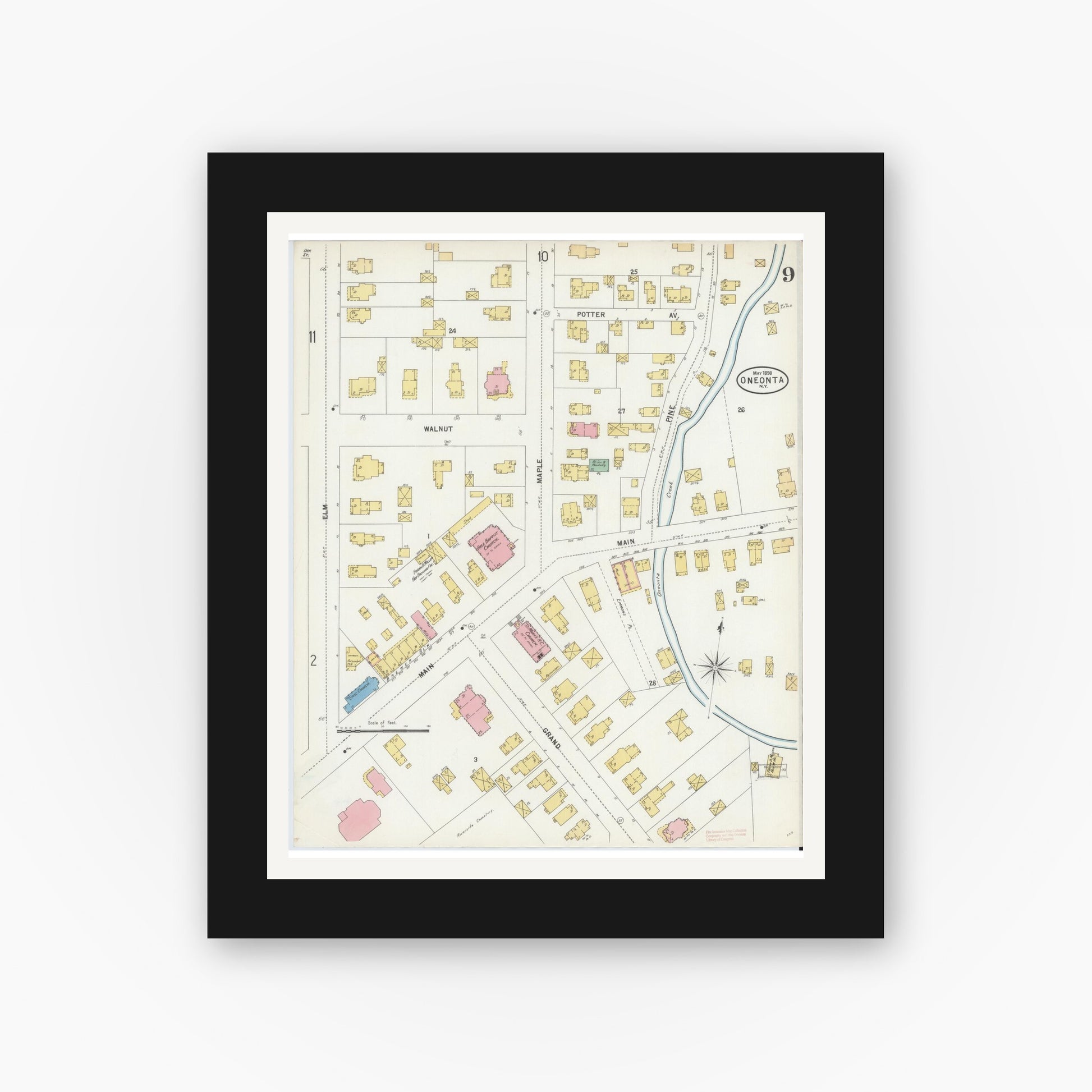Old map wall art mockup — black gallery frame with white mat — Sanborn Fire Insurance Map from Oneonta, Otsego County, New York (1898), Sheet #0009