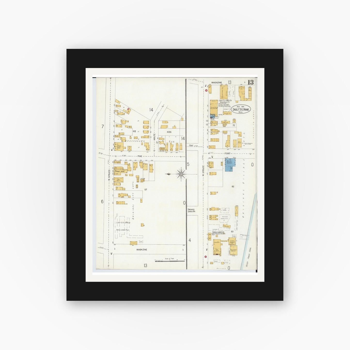 Old map wall art mockup — black gallery frame with white mat — Sanborn Fire Insurance Map from Sault Sainte Marie, Chippewa County, Michigan (1906), Sheet #0013