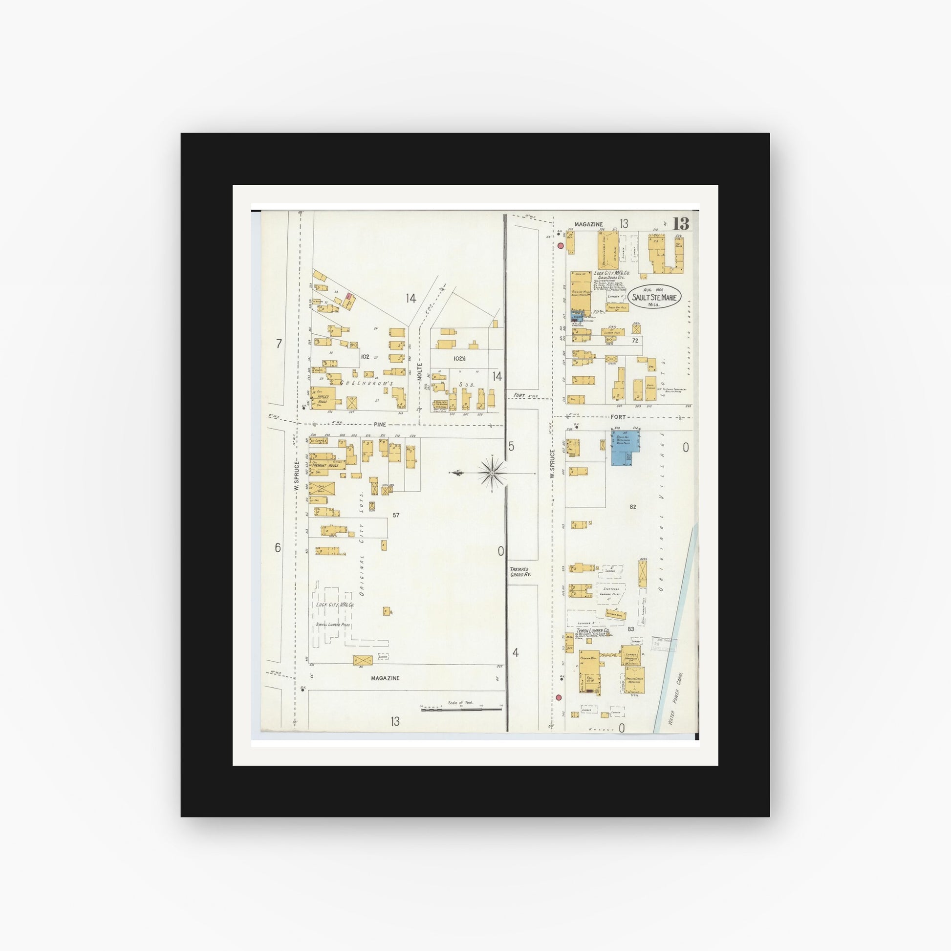 Old map wall art mockup — black gallery frame with white mat — Sanborn Fire Insurance Map from Sault Sainte Marie, Chippewa County, Michigan (1906), Sheet #0013