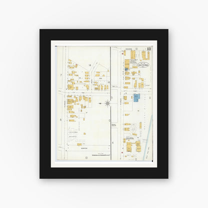 Old map wall art mockup — black gallery frame with white mat — Sanborn Fire Insurance Map from Sault Sainte Marie, Chippewa County, Michigan (1906), Sheet #0013
