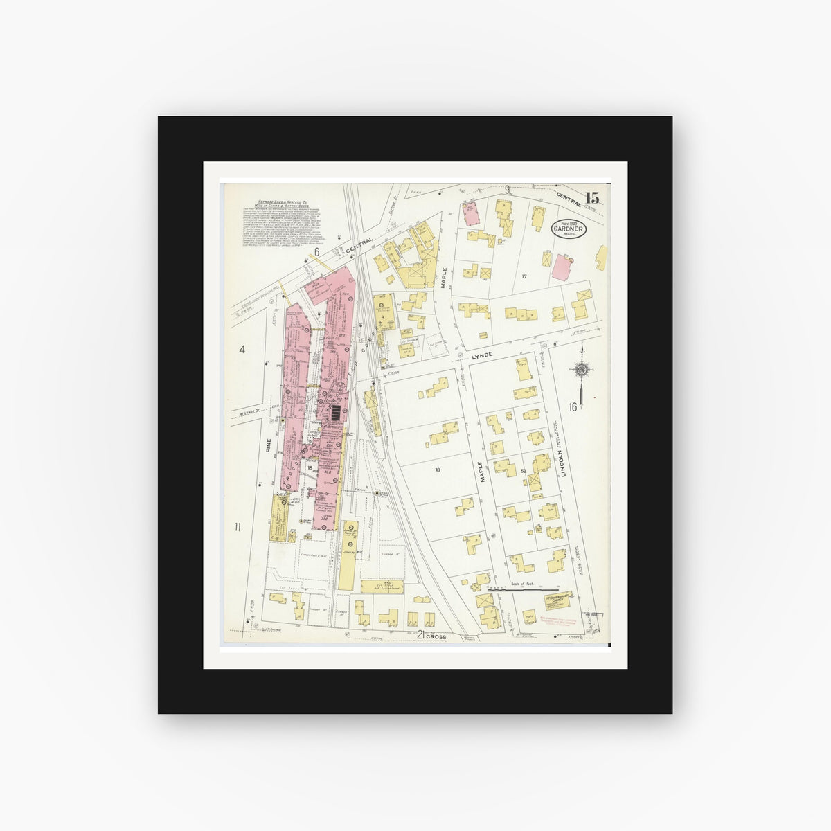 Old map wall art mockup — black gallery frame with white mat — Sanborn Fire Insurance Map from Gardner, Worcester County, Massachusetts (1909), Sheet #0015