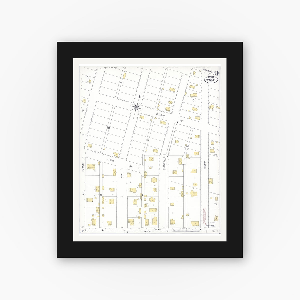 Old map wall art mockup — black gallery frame with white mat — Sanborn Fire Insurance Map from Gridley, Butte County, California (1909), Sheet #0004