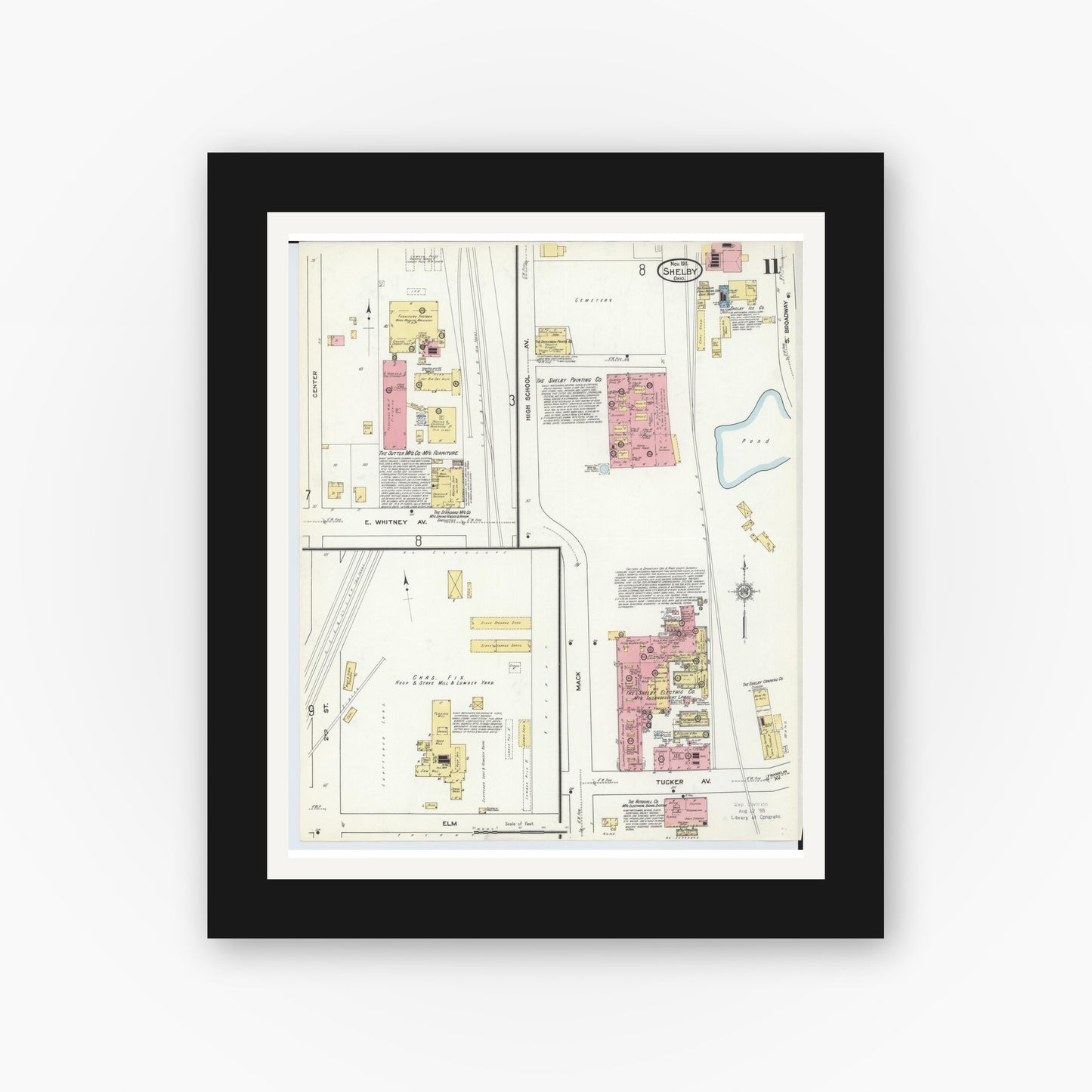 Old map wall art mockup — black gallery frame with white mat — Sanborn Fire Insurance Map from Shelby, Richland County, Ohio (1911), Sheet #0011