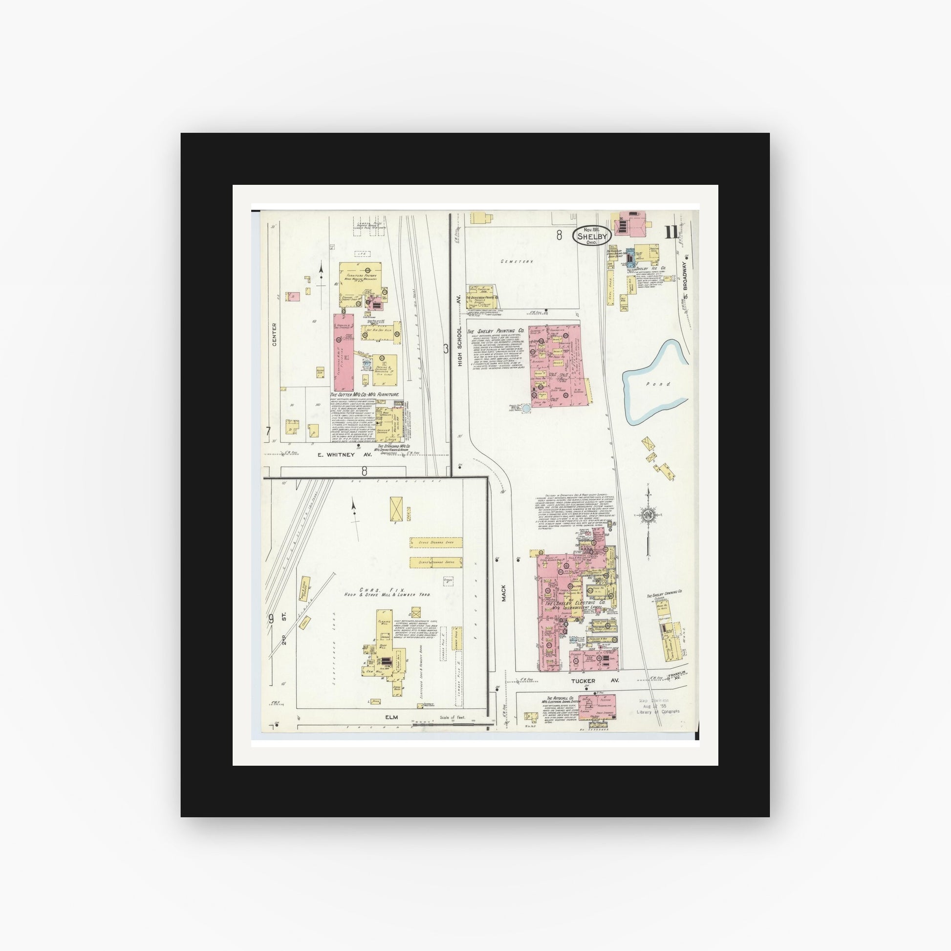 Old map wall art mockup — black gallery frame with white mat — Sanborn Fire Insurance Map from Shelby, Richland County, Ohio (1911), Sheet #0011