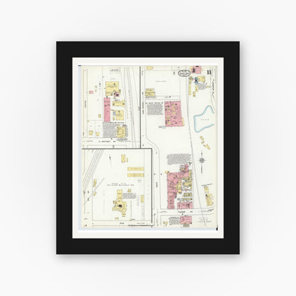 Old map wall art mockup — black gallery frame with white mat — Sanborn Fire Insurance Map from Shelby, Richland County, Ohio (1911), Sheet #0011