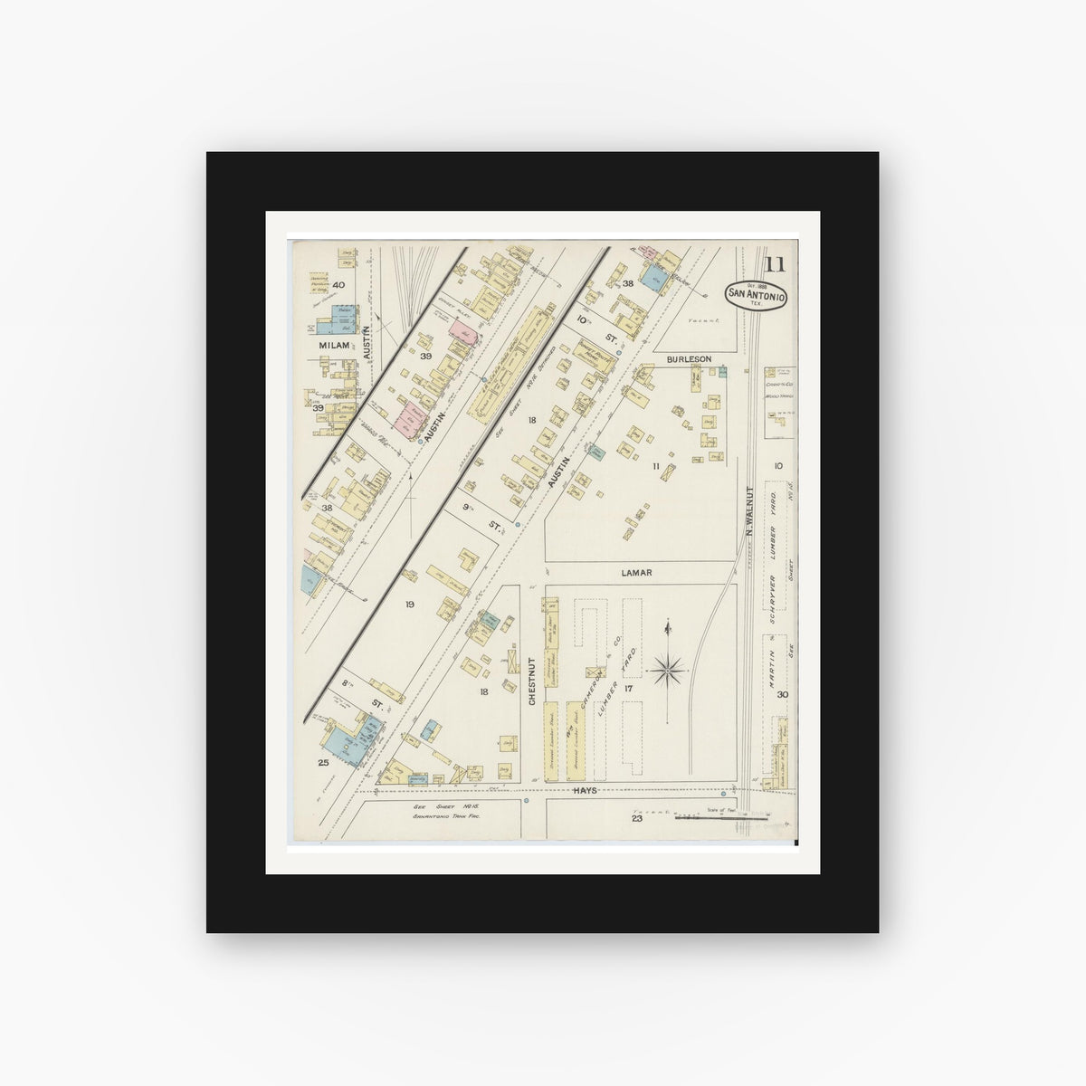 Old map wall art mockup — black gallery frame with white mat — Sanborn Fire Insurance Map from San Antonio, Bexar County, Texas (1888), Sheet #0011