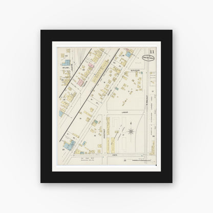 Old map wall art mockup — black gallery frame with white mat — Sanborn Fire Insurance Map from San Antonio, Bexar County, Texas (1888), Sheet #0011