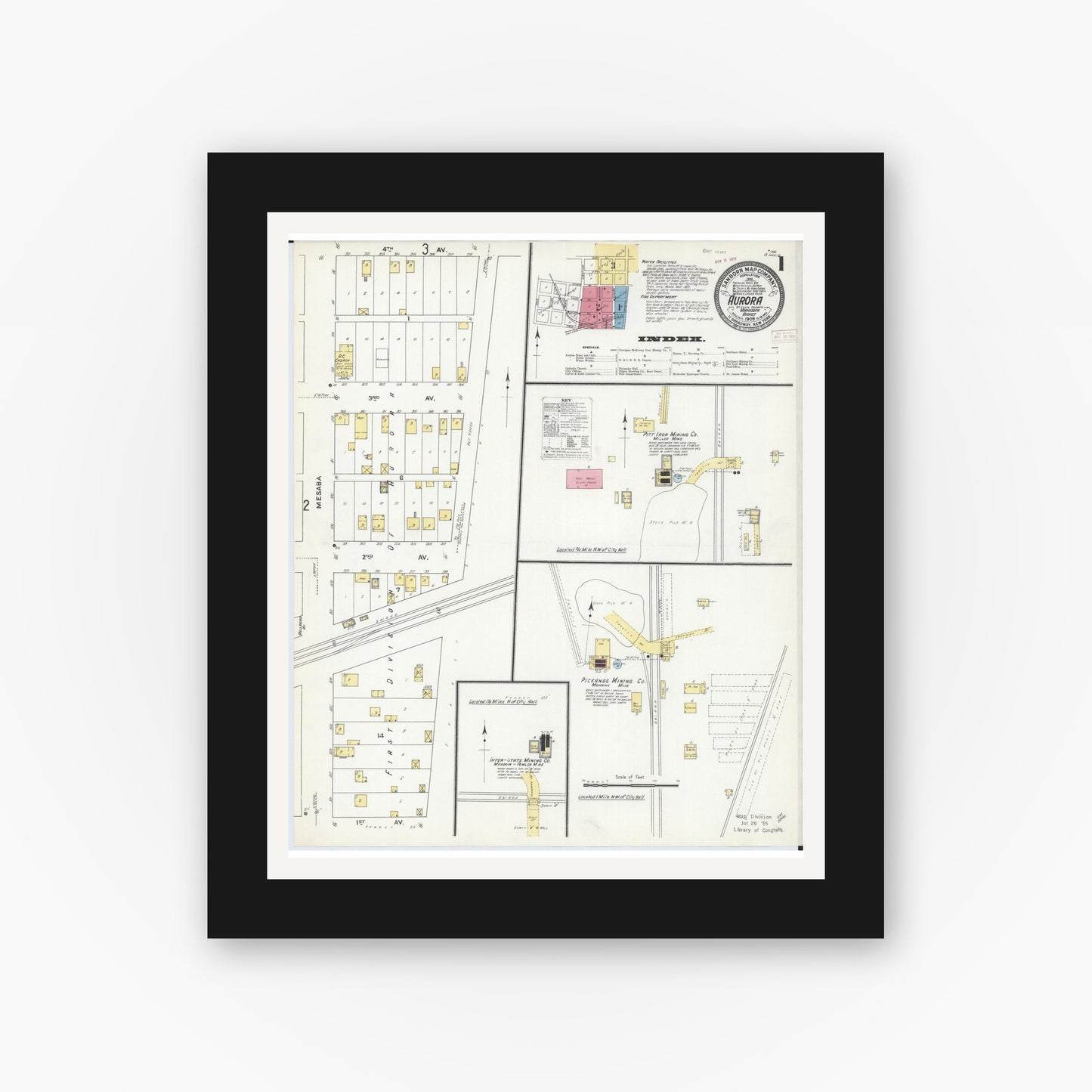 Old map wall art mockup — black gallery frame with white mat — Sanborn Fire Insurance Map from Aurora, Saint Louis County, Minnesota (1909), Sheet #0001