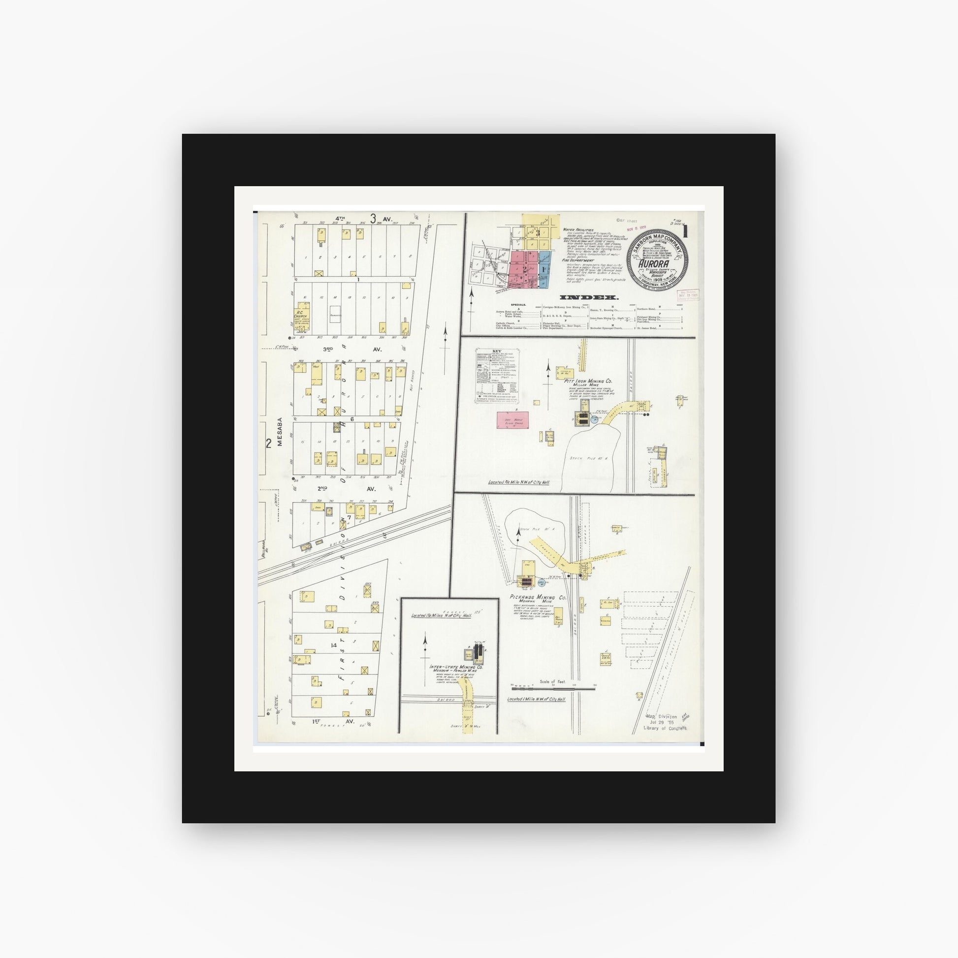 Old map wall art mockup — black gallery frame with white mat — Sanborn Fire Insurance Map from Aurora, Saint Louis County, Minnesota (1909), Sheet #0001