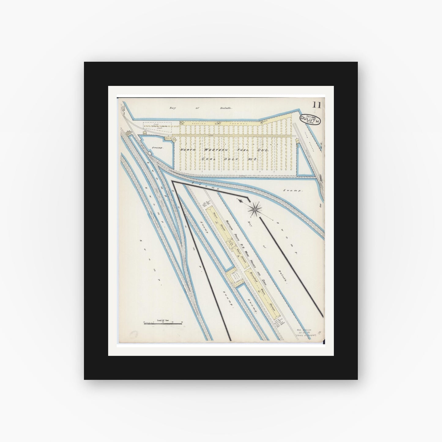 Old map wall art mockup — black gallery frame with white mat — Sanborn Fire Insurance Map from Duluth, Saint Louis County, Minnesota (1885), Sheet #0011