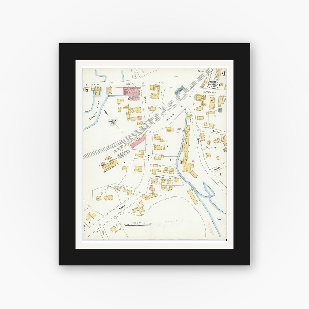 Old map wall art mockup — black gallery frame with white mat — Sanborn Fire Insurance Map from Warren, Worcester County, Massachusetts (1906), Sheet #0004