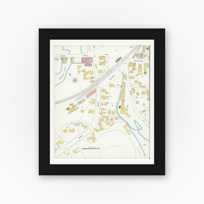 Old map wall art mockup — black gallery frame with white mat — Sanborn Fire Insurance Map from Warren, Worcester County, Massachusetts (1906), Sheet #0004