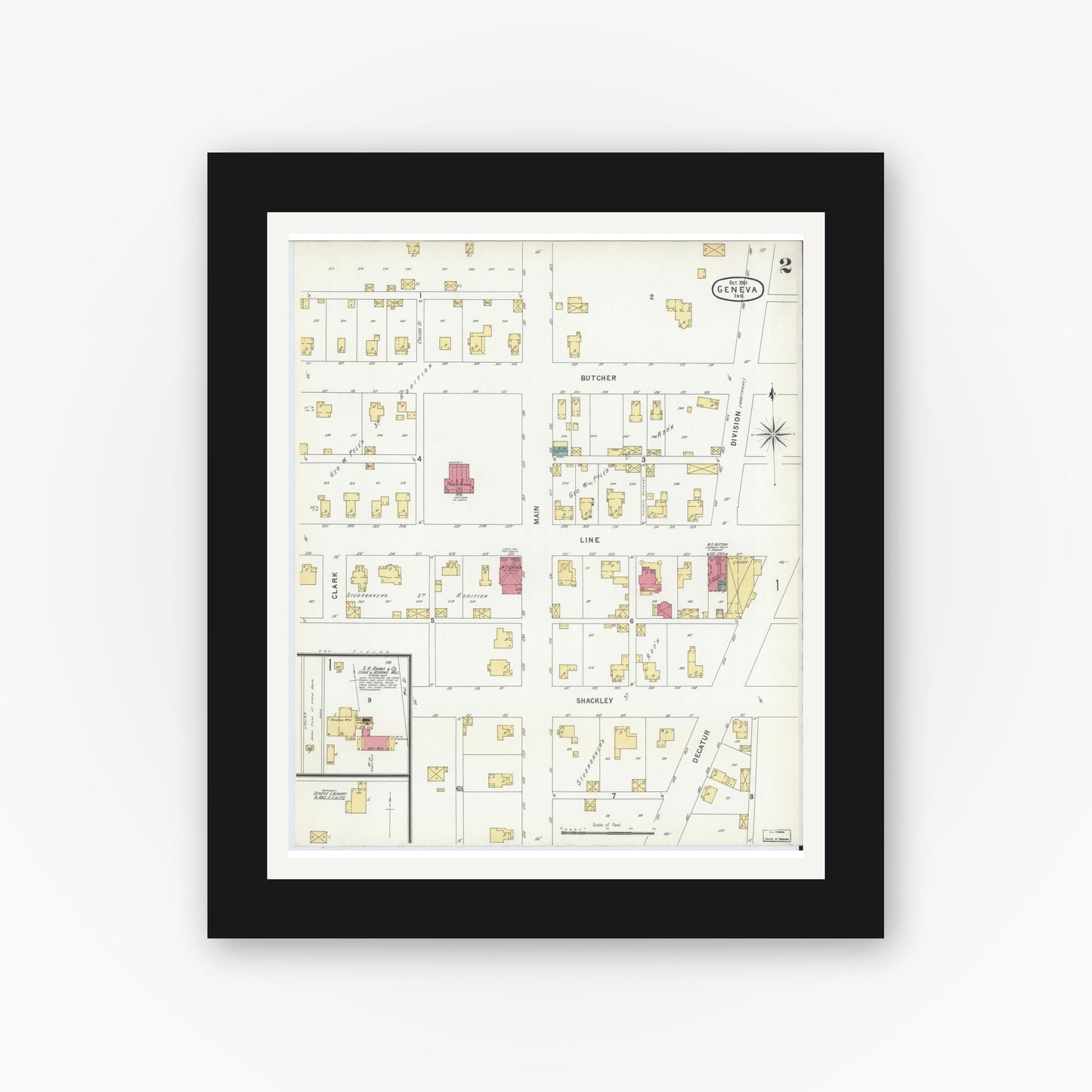 Old map wall art mockup — black gallery frame with white mat — Sanborn Fire Insurance Map from Geneva, Adams County, Indiana (1901), Sheet #0002