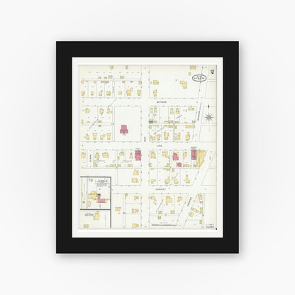 Old map wall art mockup — black gallery frame with white mat — Sanborn Fire Insurance Map from Geneva, Adams County, Indiana (1901), Sheet #0002