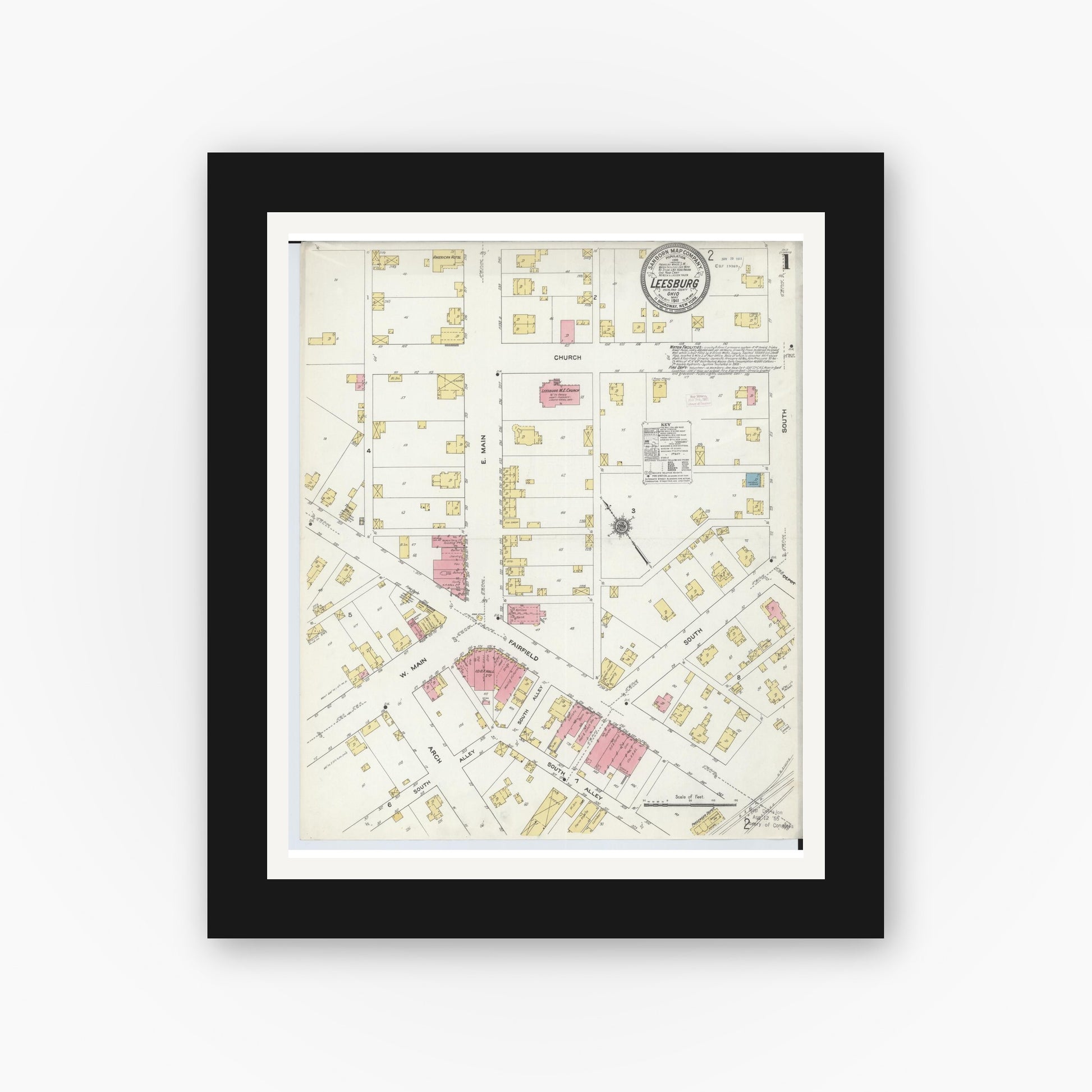 Old map wall art mockup — black gallery frame with white mat — Sanborn Fire Insurance Map from Leesburg, Highland County, Ohio (1911) - Complete Map Set