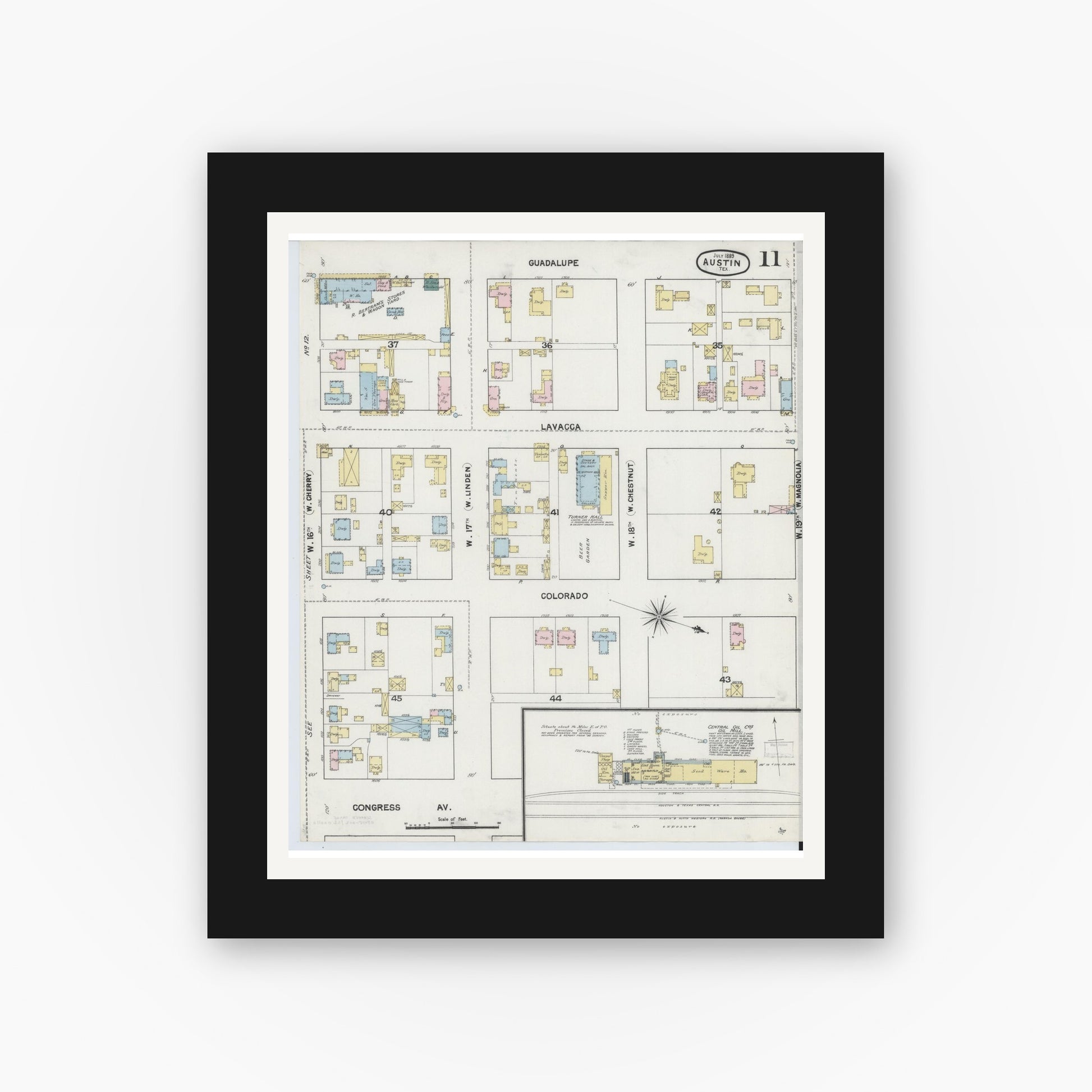 Old map wall art mockup — black gallery frame with white mat — Sanborn Fire Insurance Map from Austin, Travis County, Texas (1889), Sheet #0011