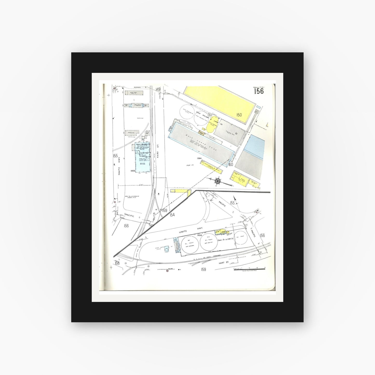 Old map wall art mockup — black gallery frame with white mat — Sanborn Fire Insurance Map from Honolulu, Oahu County, Hawaii (1955), Sheet #0156