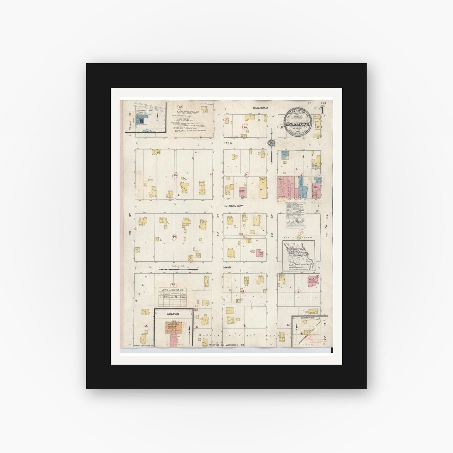 Old map wall art mockup — black gallery frame with white mat — Sanborn Fire Insurance Map from Breckenridge, Caldwell County, Missouri (1935) - Complete Map Set
