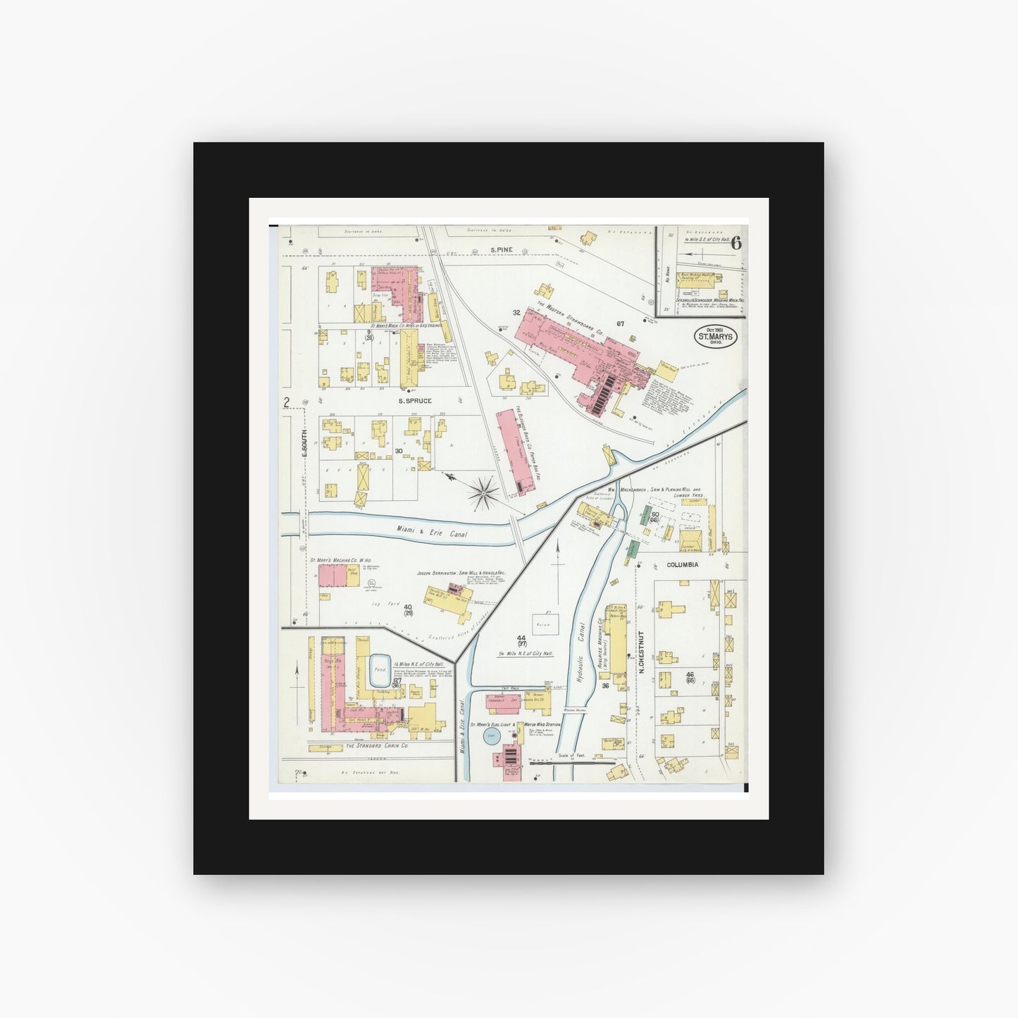 Old map wall art mockup — black gallery frame with white mat — Sanborn Fire Insurance Map from Saint Marys, Auglaize County, Ohio (1901), Sheet #0006