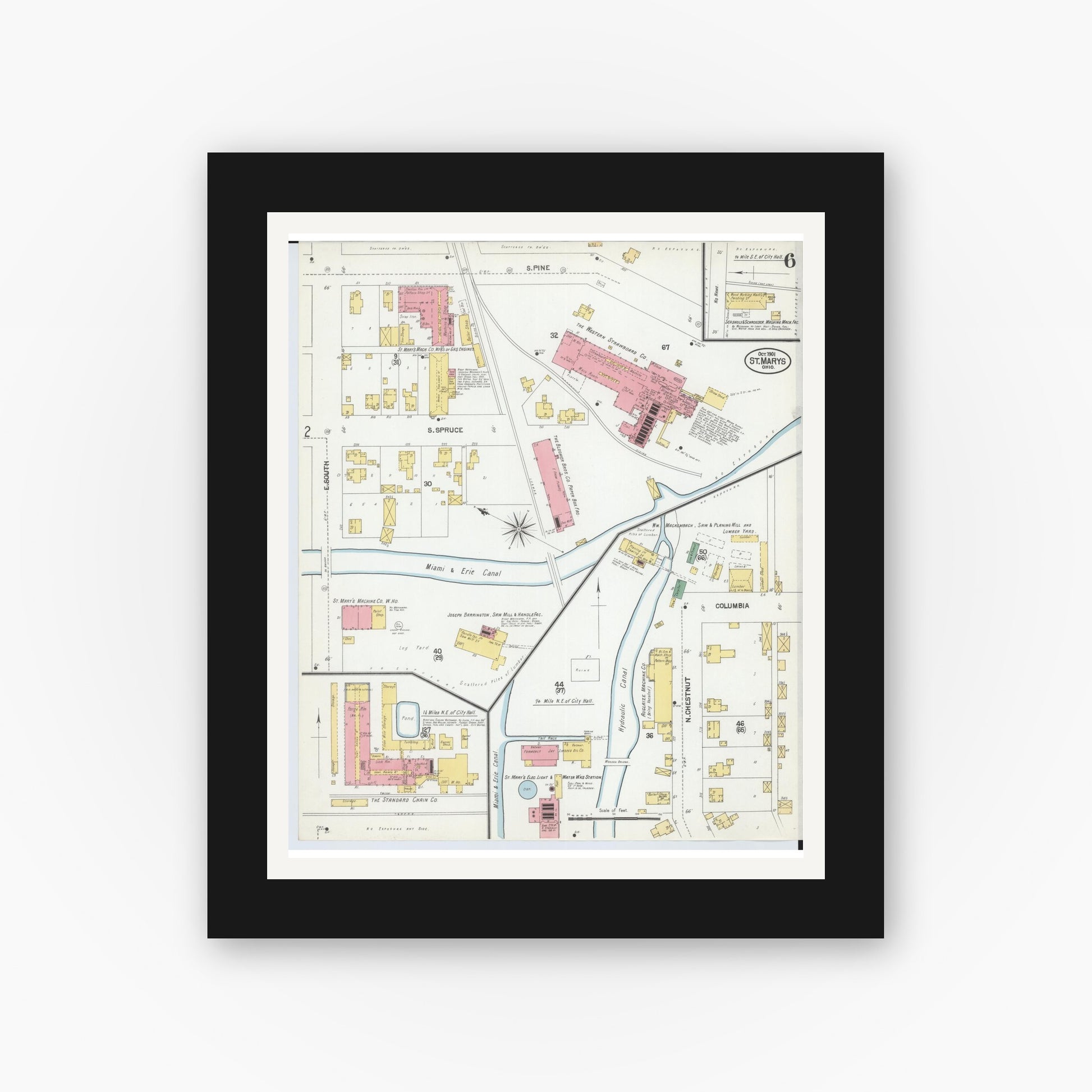 Old map wall art mockup — black gallery frame with white mat — Sanborn Fire Insurance Map from Saint Marys, Auglaize County, Ohio (1901), Sheet #0006
