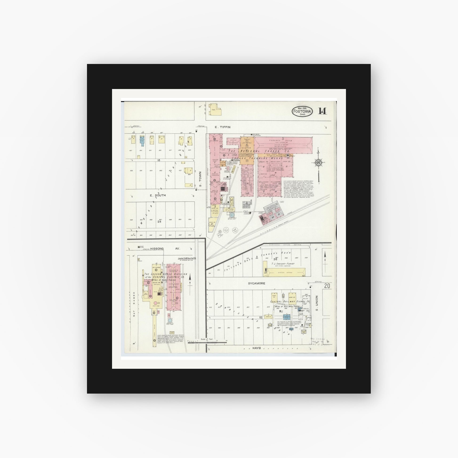 Old map wall art mockup — black gallery frame with white mat — Sanborn Fire Insurance Map from Fostoria, Seneca, Hancock, And Wood Counties, Ohio (1914), Sheet #0014