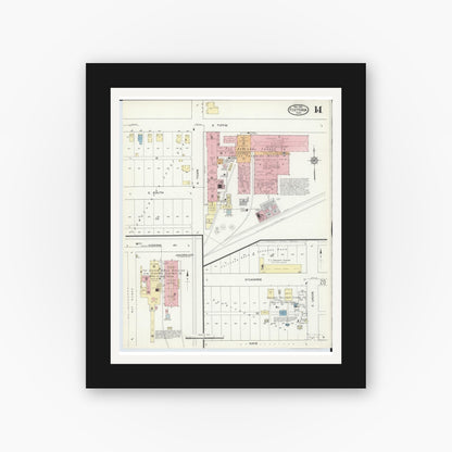 Old map wall art mockup — black gallery frame with white mat — Sanborn Fire Insurance Map from Fostoria, Seneca, Hancock, And Wood Counties, Ohio (1914), Sheet #0014
