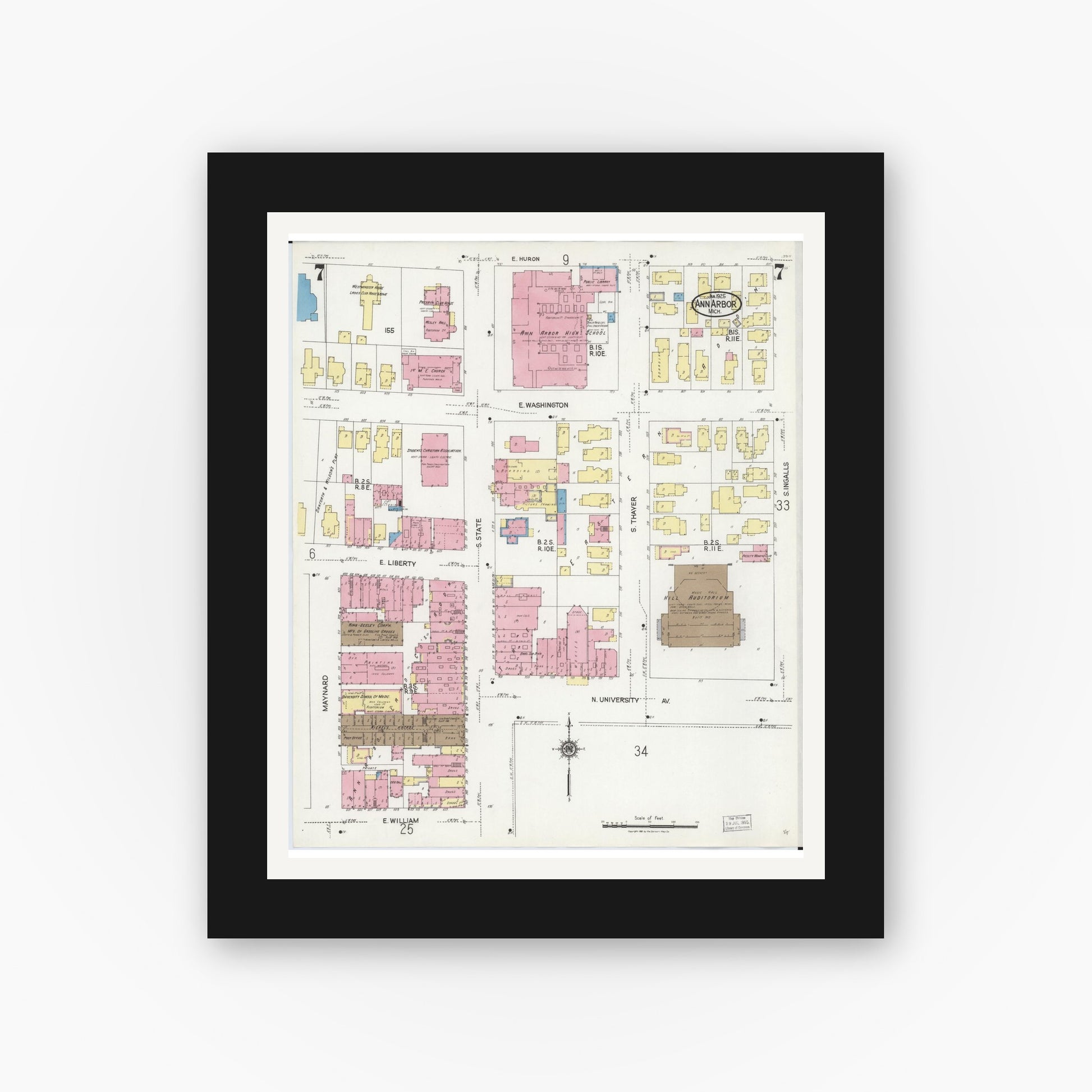 Old map wall art mockup — black gallery frame with white mat — Sanborn Fire Insurance Map from Ann Arbor, Washtenaw County, Michigan (1925), Sheet #0007