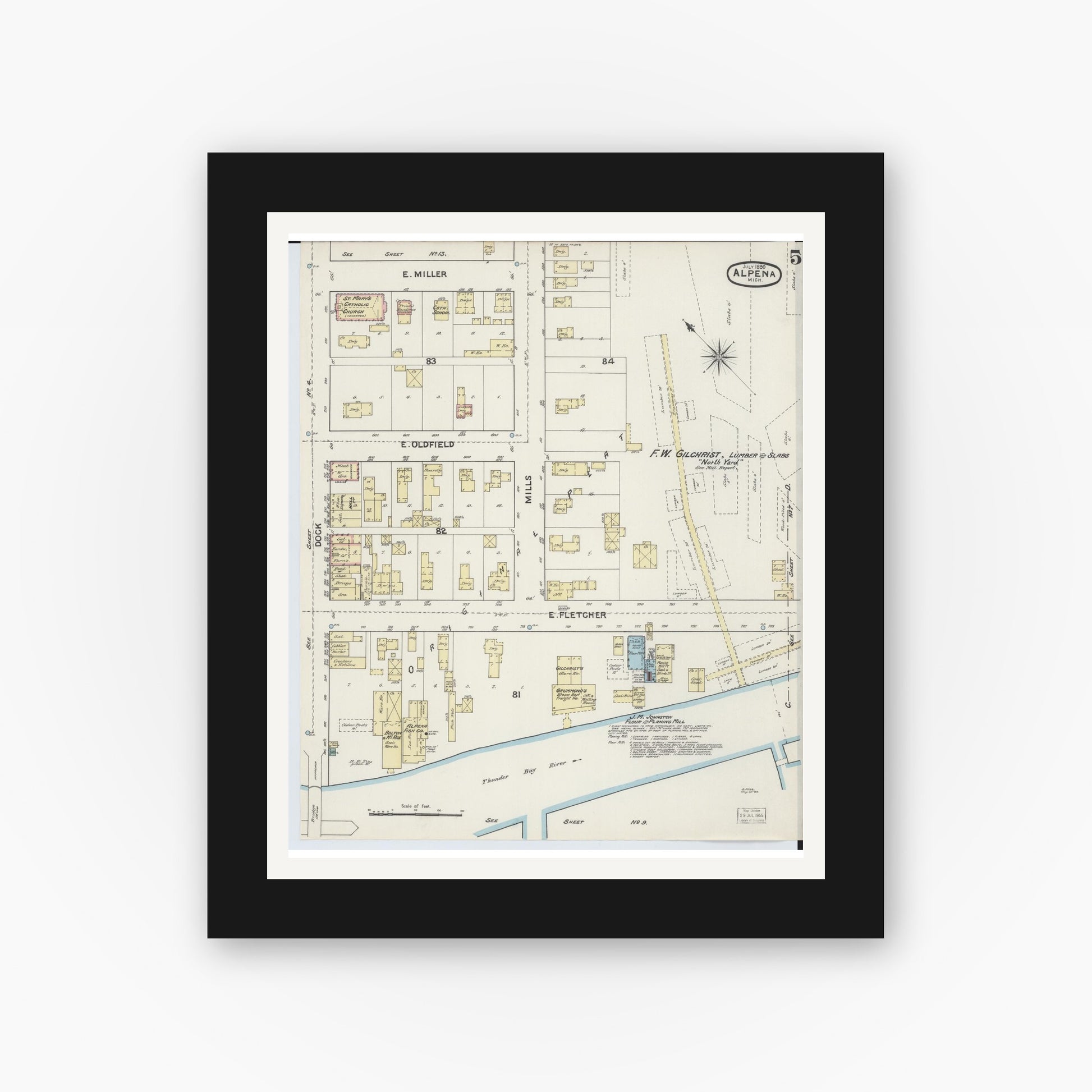Old map wall art mockup — black gallery frame with white mat — Sanborn Fire Insurance Map from Alpena, Alpena County, Michigan (1890), Sheet #0005