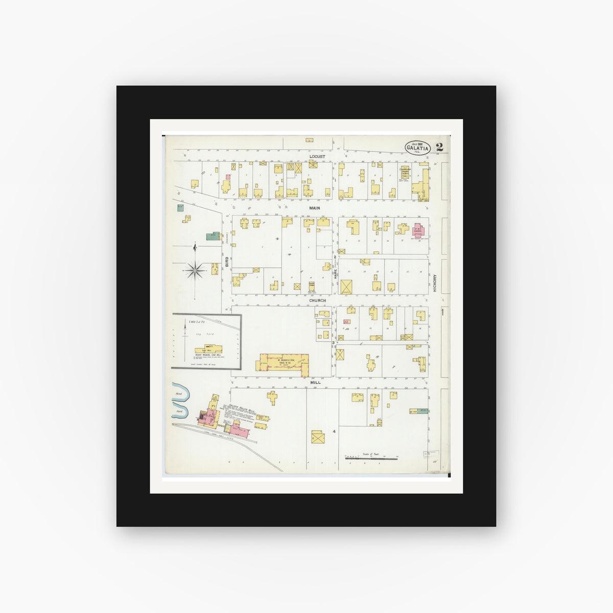 Old map wall art mockup — black gallery frame with white mat — Sanborn Fire Insurance Map from Galatia, Saline County, Illinois (1902), Sheet #0002