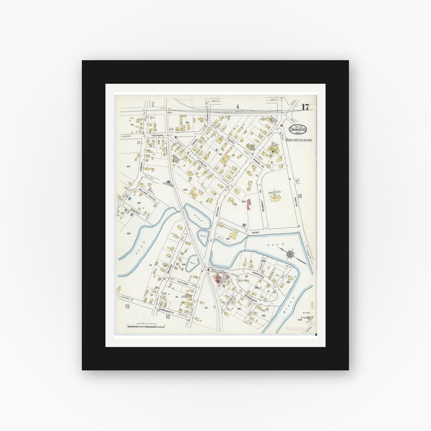Old map wall art mockup — black gallery frame with white mat — Sanborn Fire Insurance Map from Danvers, Essex County, Massachusetts (1916), Sheet #0017