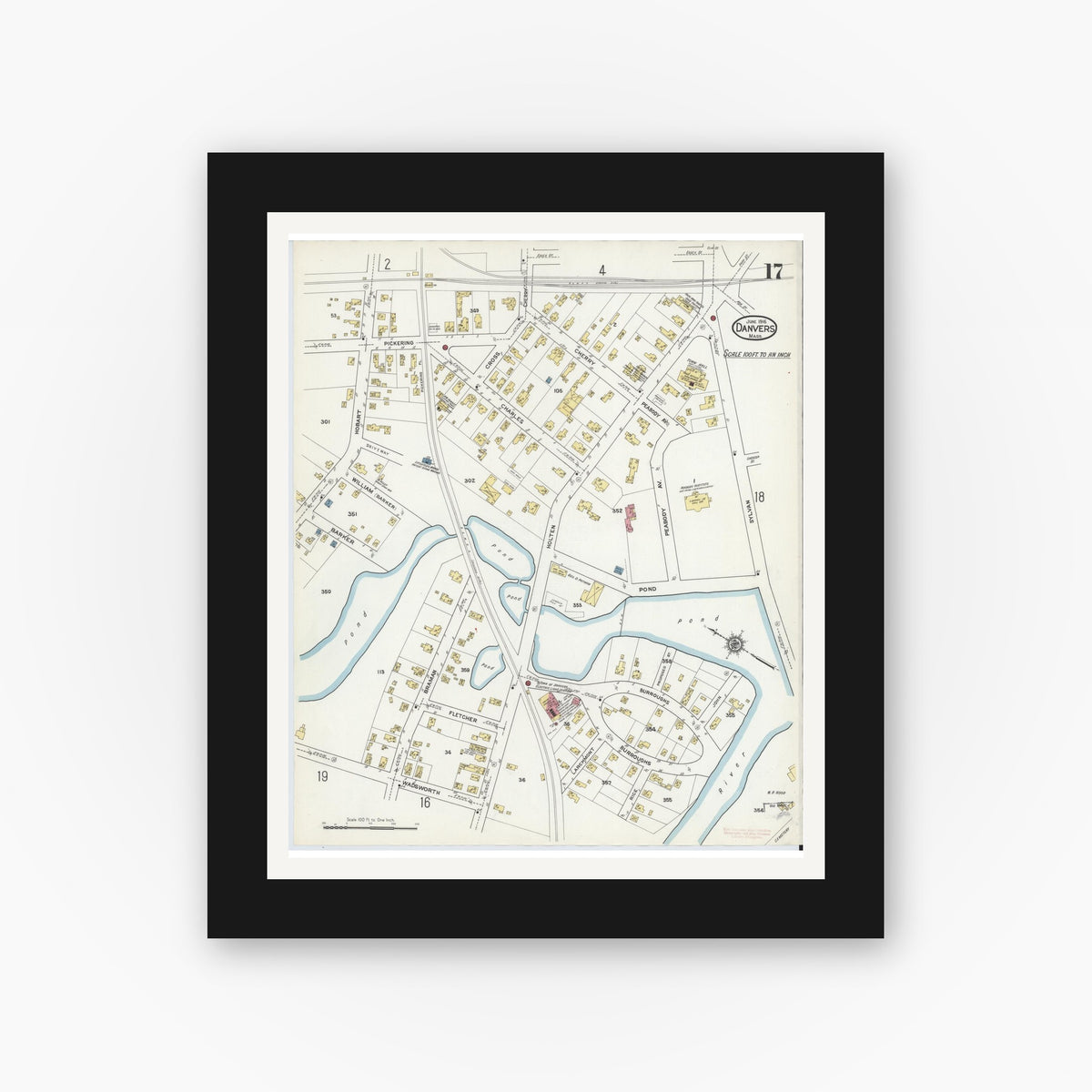 Old map wall art mockup — black gallery frame with white mat — Sanborn Fire Insurance Map from Danvers, Essex County, Massachusetts (1916), Sheet #0017