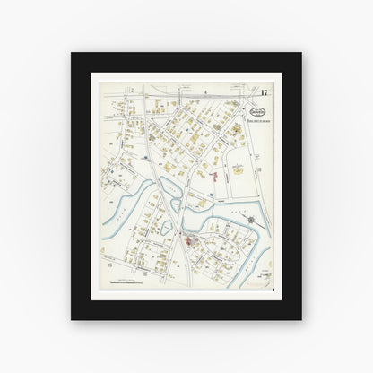 Old map wall art mockup — black gallery frame with white mat — Sanborn Fire Insurance Map from Danvers, Essex County, Massachusetts (1916), Sheet #0017