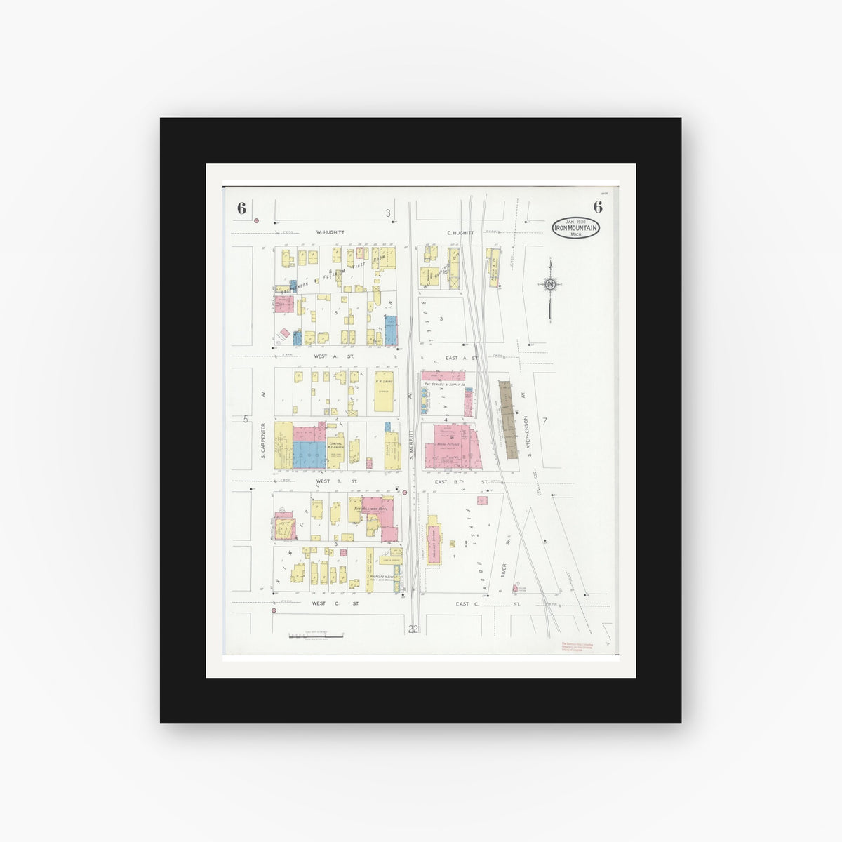 Old map wall art mockup — black gallery frame with white mat — Sanborn Fire Insurance Map from Iron Mountain, Dickinson County, Michigan (1930), Sheet #0006