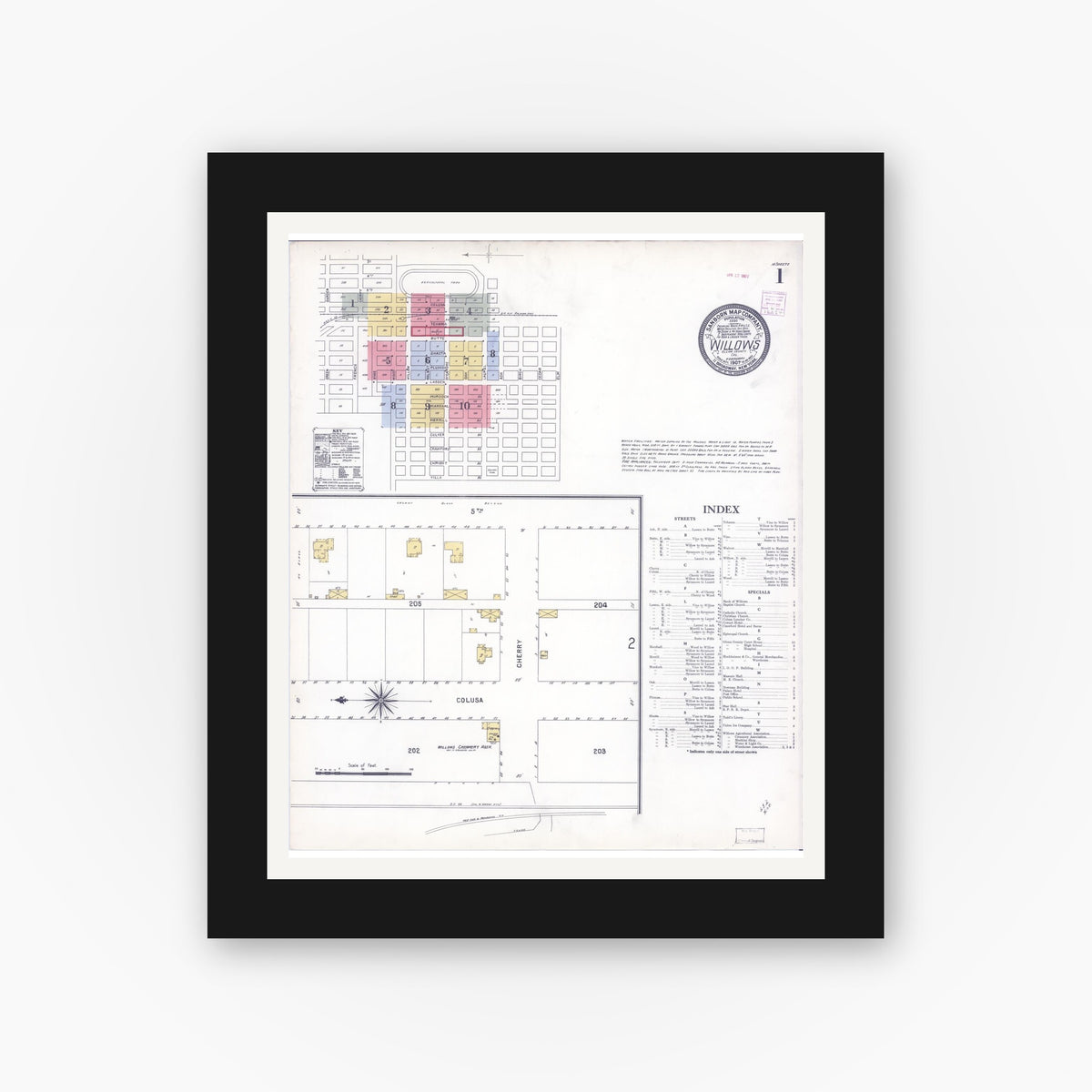 Old map wall art mockup — black gallery frame with white mat — Sanborn Fire Insurance Map from Willows, Glenn County, California (1907) - Complete Map Set