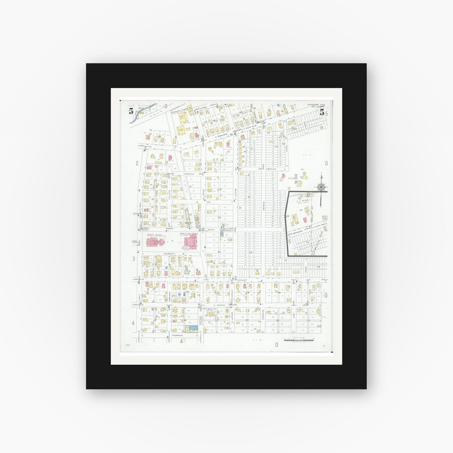 Old map wall art mockup — black gallery frame with white mat — Sanborn Fire Insurance Map from Covington, Miami County, Ohio (1946), Sheet #0005