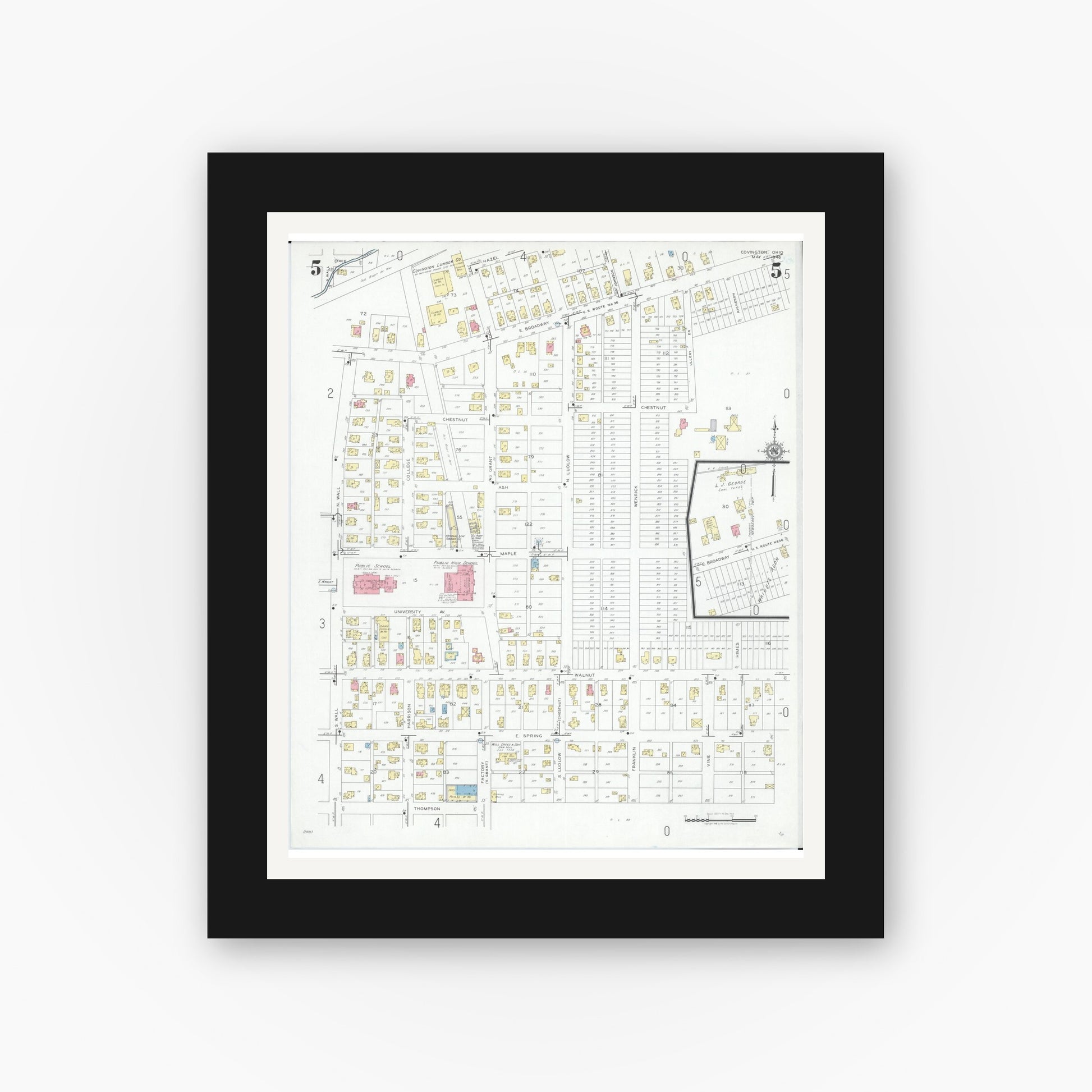 Old map wall art mockup — black gallery frame with white mat — Sanborn Fire Insurance Map from Covington, Miami County, Ohio (1946), Sheet #0005