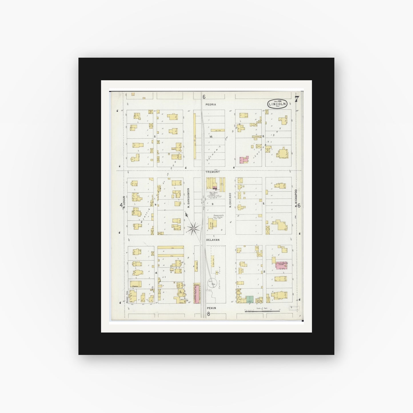 Old map wall art mockup — black gallery frame with white mat — Sanborn Fire Insurance Map from Lincoln, Logan County, Illinois (1896), Sheet #0007
