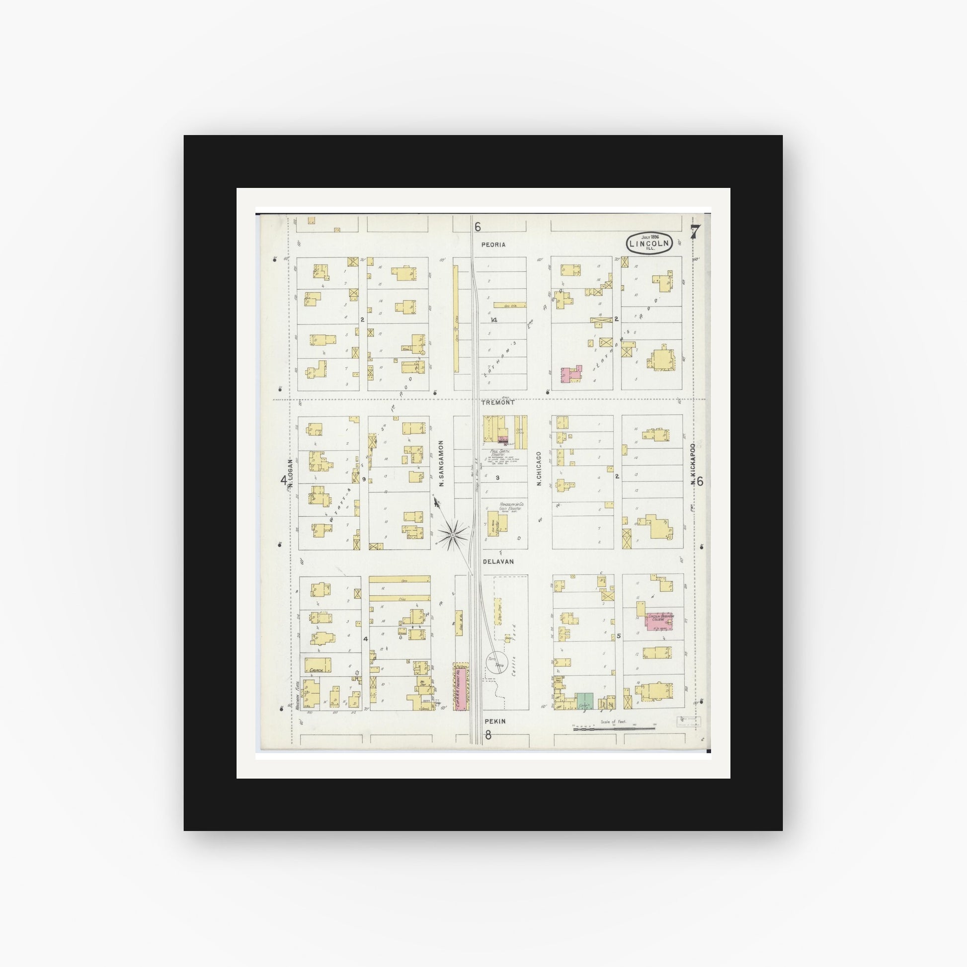 Old map wall art mockup — black gallery frame with white mat — Sanborn Fire Insurance Map from Lincoln, Logan County, Illinois (1896), Sheet #0007