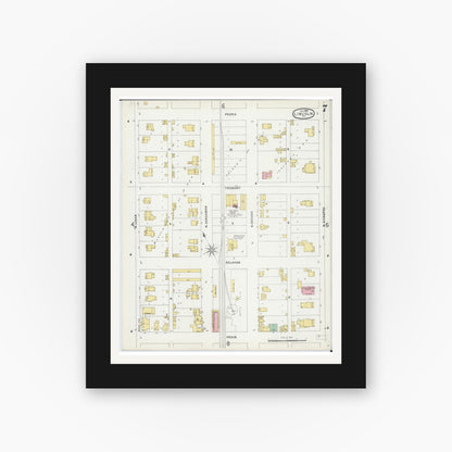 Old map wall art mockup — black gallery frame with white mat — Sanborn Fire Insurance Map from Lincoln, Logan County, Illinois (1896), Sheet #0007