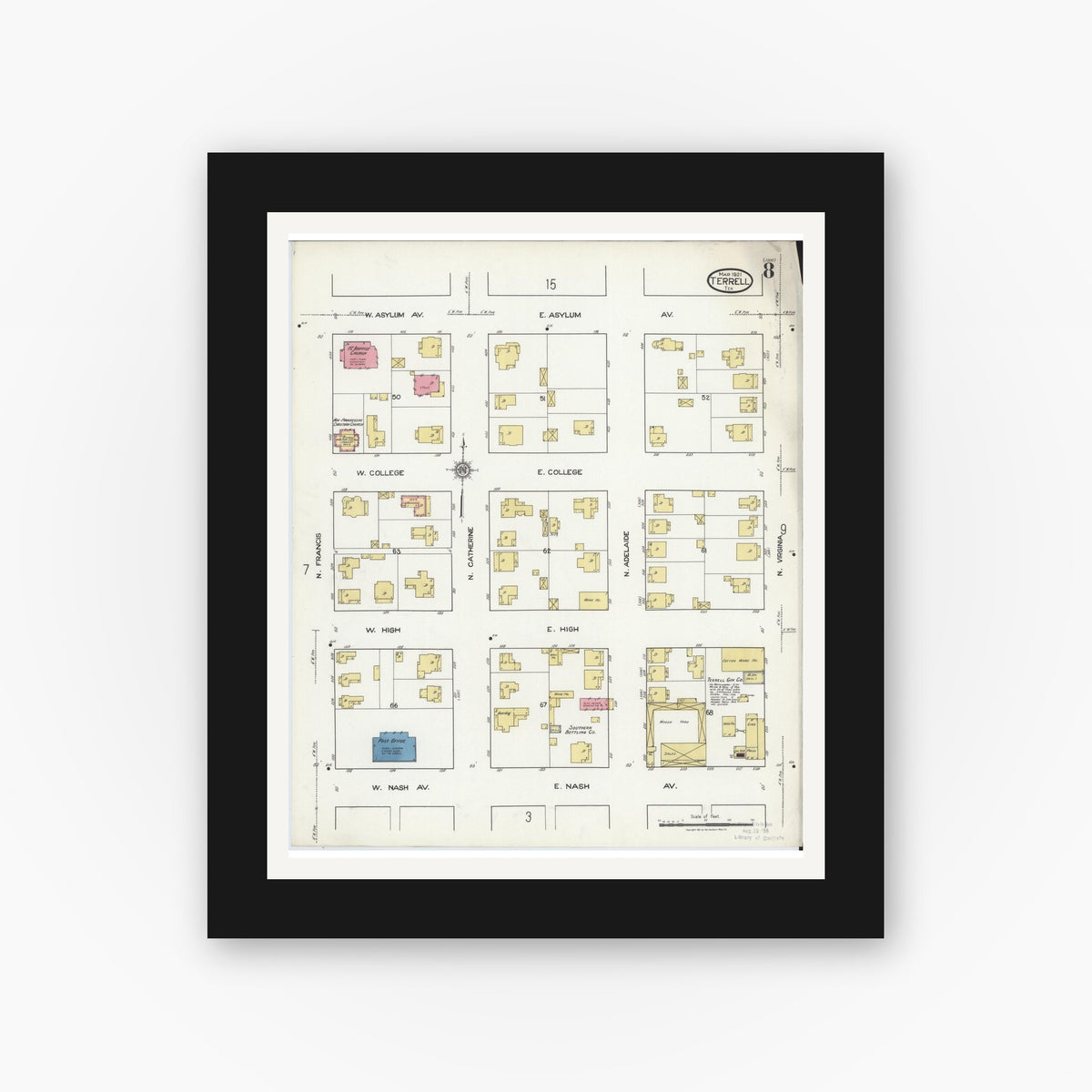 Old map wall art mockup — black gallery frame with white mat — Sanborn Fire Insurance Map from Terrell, Kaufman County, Texas (1921), Sheet #0008